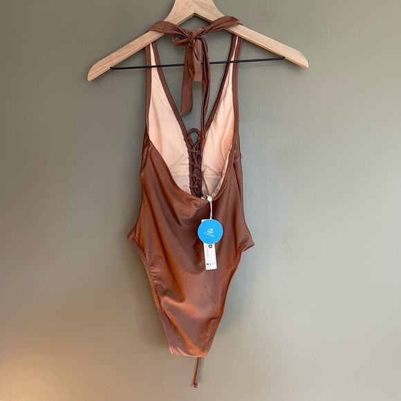 Cupshe Strawberry Fields Forever Back Tie One Piece Swimsuit Size XS Bronze Sexy - Picture 9 of 14